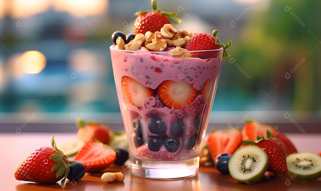 Copo de vidro salada de frutas sobre uma mesa de madeira