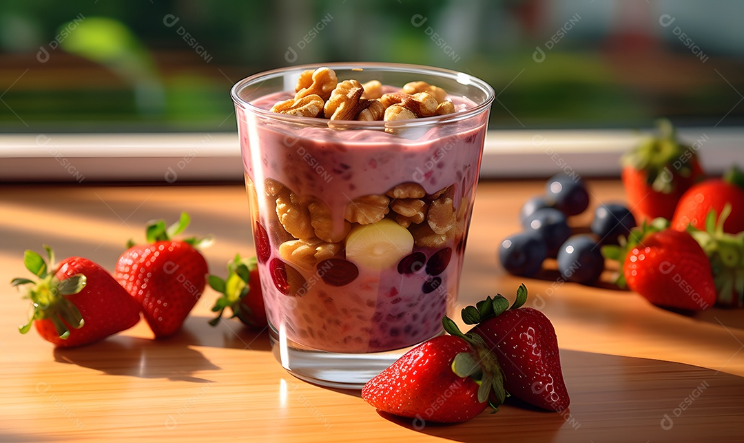 Copo de vidro salada de frutas sobre uma mesa de madeira