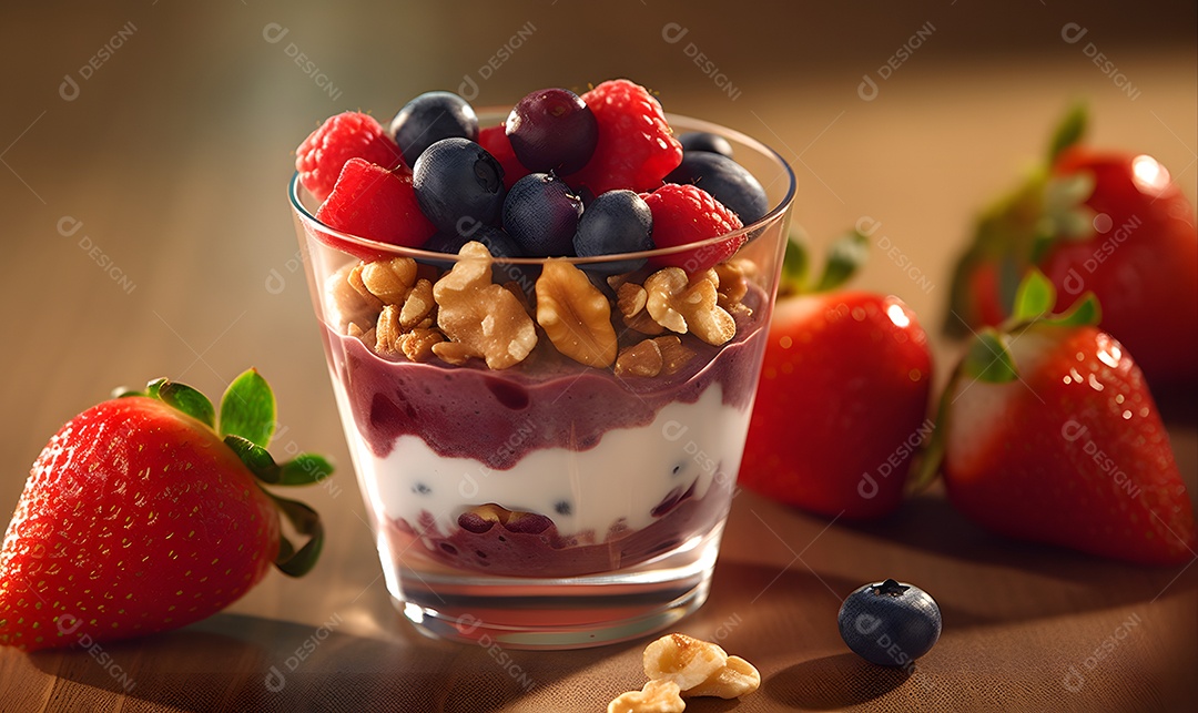 Copo de vidro salada de frutas sobre uma mesa de madeira