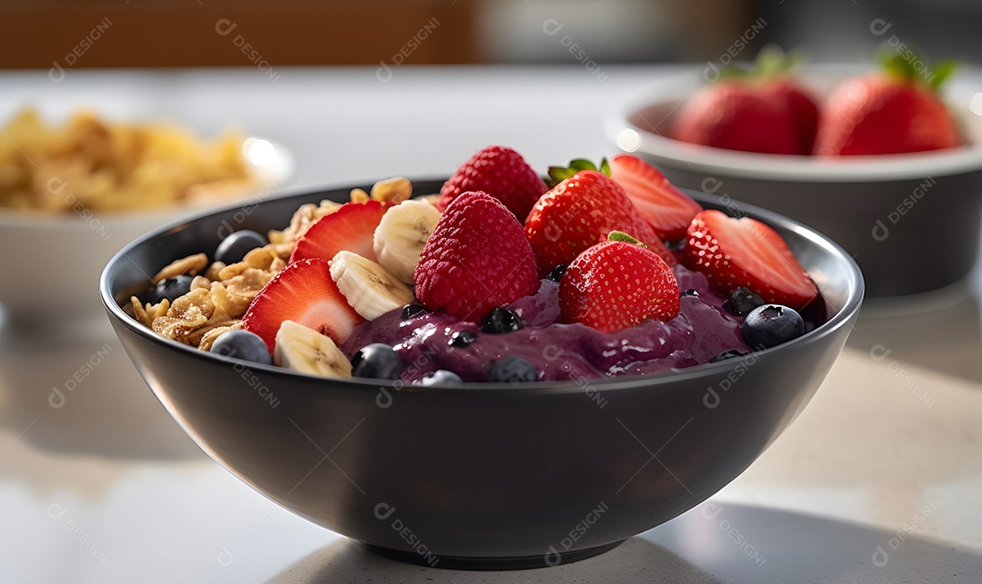 Deliciosa e saboroso Tigela de açaí sobre uma mesa de açaíteria