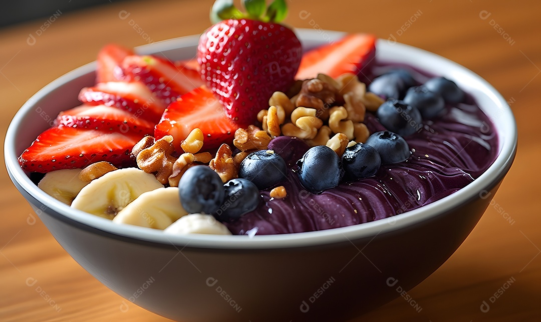 Deliciosa e saboroso Tigela de açaí sobre uma mesa de açaíteria