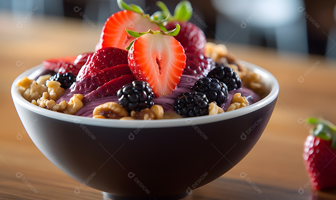 Deliciosa e saboroso Tigela de açaí sobre uma mesa de açaíteria
