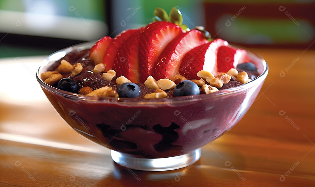 Deliciosa Tigela de açaí sobre uma mesa de açaíteria