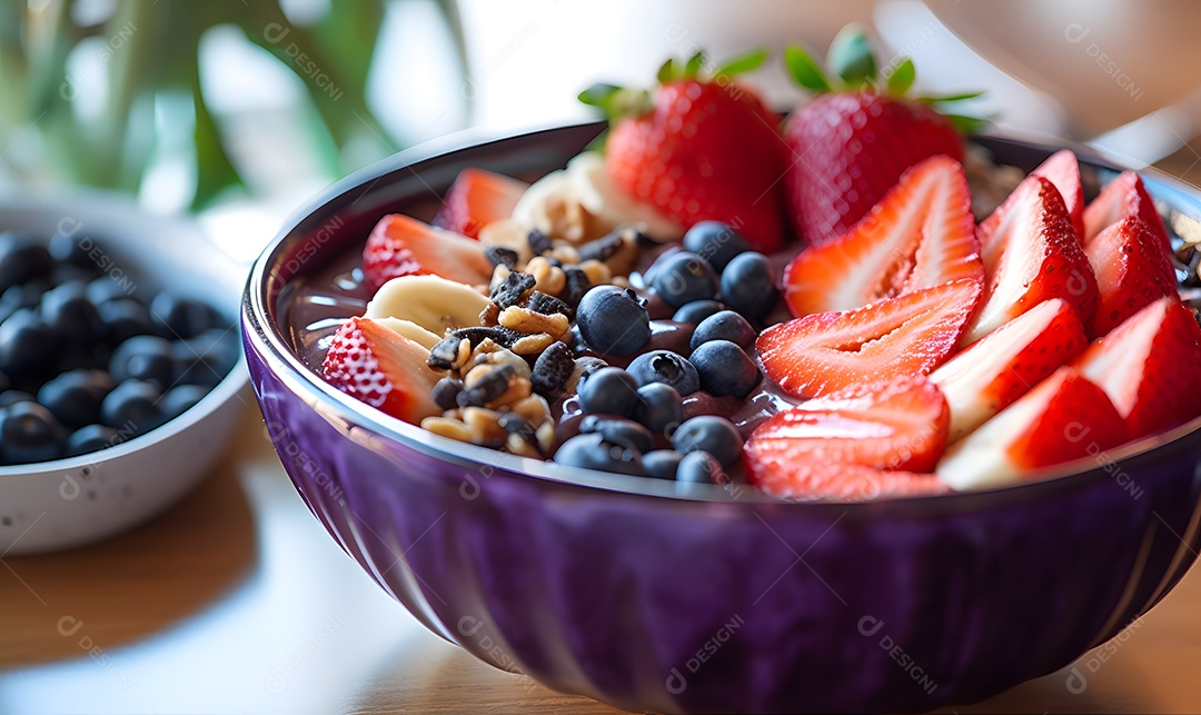 Deliciosa Tigela de açaí sobre uma mesa de sorveteria