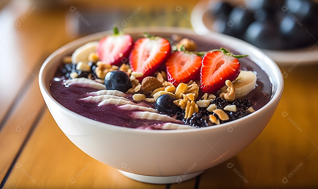 Deliciosa Tigela de açaí sobre uma mesa de açaíteria