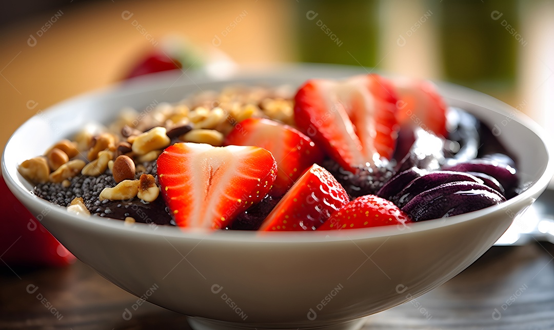 Deliciosa Tigela de açaí sobre uma mesa de açaíteria