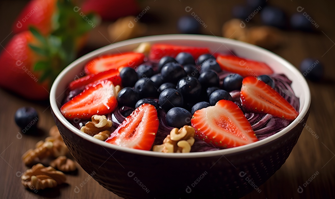 Deliciosa Tigela de açaí sobre uma mesa de açaíteria