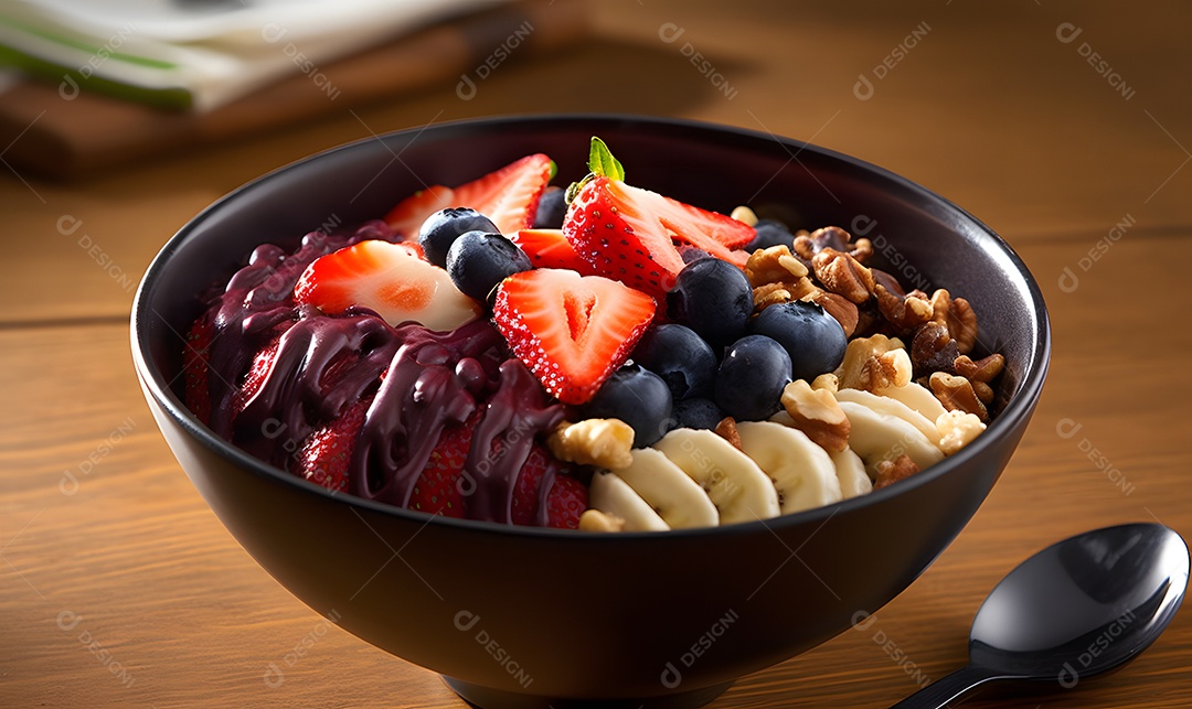 Deliciosa Tigela de açaí sobre uma mesa de açaíteria