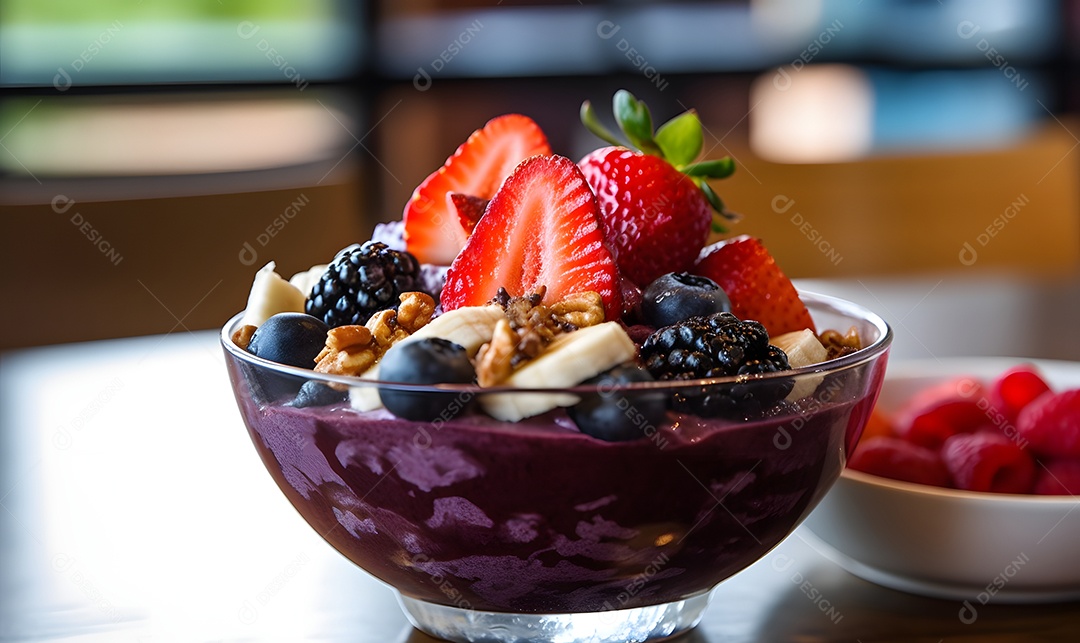 Deliciosa Tigela de açaí sobre uma mesa de sorveteria