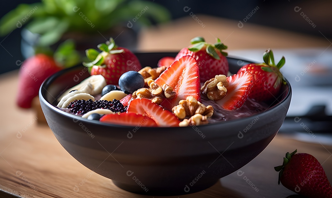 Deliciosa Tigela de açaí sobre uma mesa de sorveteria