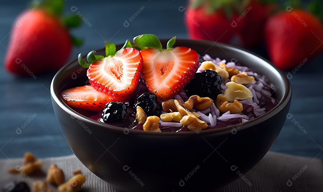 Deliciosa Tigela de açaí sobre uma mesa de sorveteria