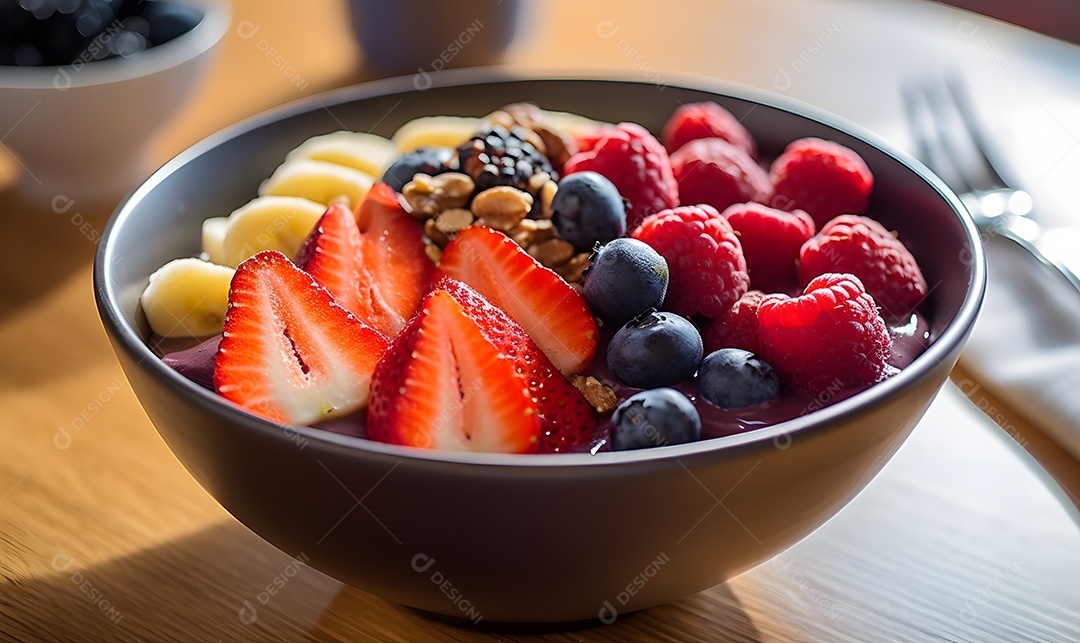 Deliciosa Tigela de açaí sobre uma mesa de sorveteria