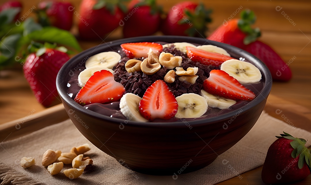 Tigela de açaí sobre uma mesa de sorveteria