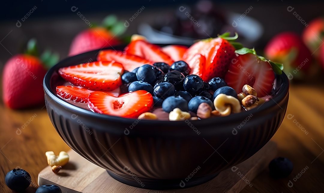 Tigela de açaí sobre uma mesa de sorveteria