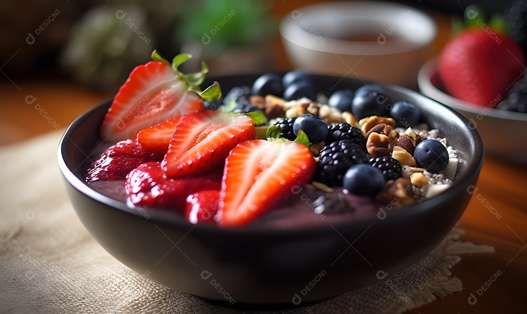 Tigela de açaí sobre uma mesa de sorveteria