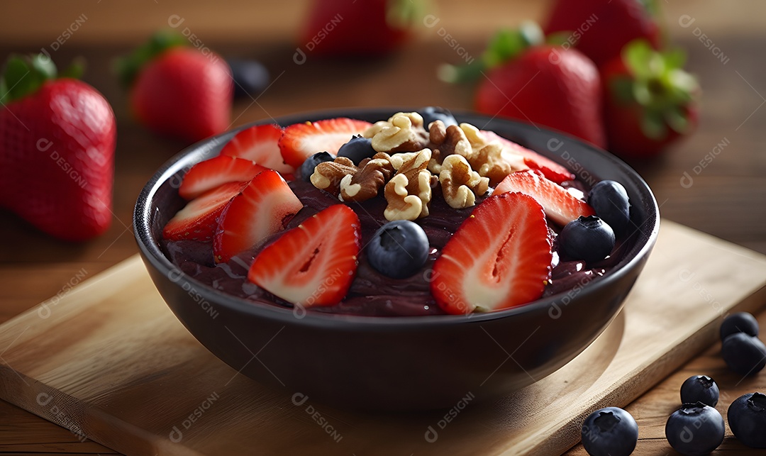 Tigela de açaí sobre uma mesa de sorveteria