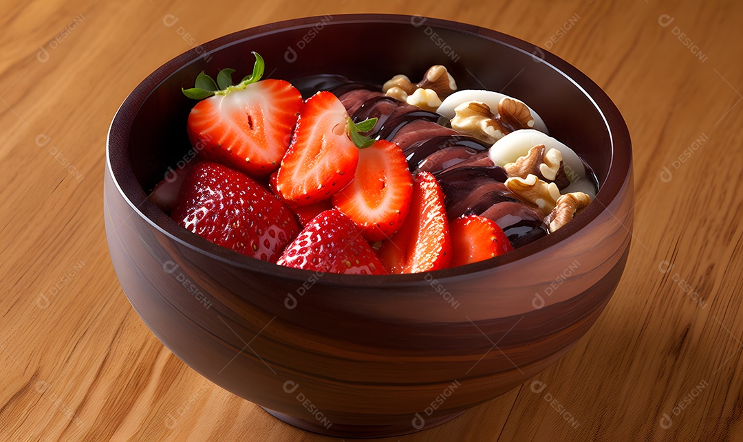 Tigela de açaí sobre uma mesa de sorveteria