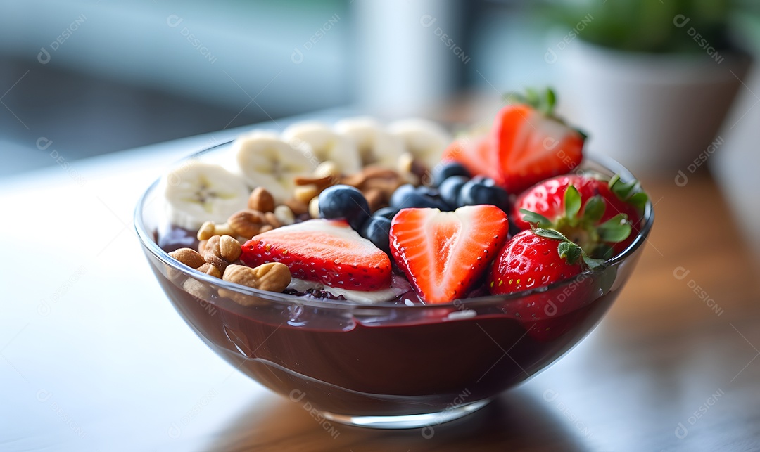 Tigela de açaí sobre uma mesa de sorveteria