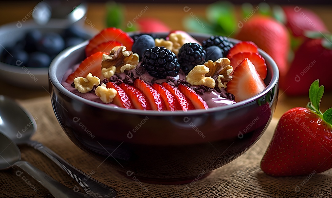 Tigela de açaí sobre uma mesa de sorveteria