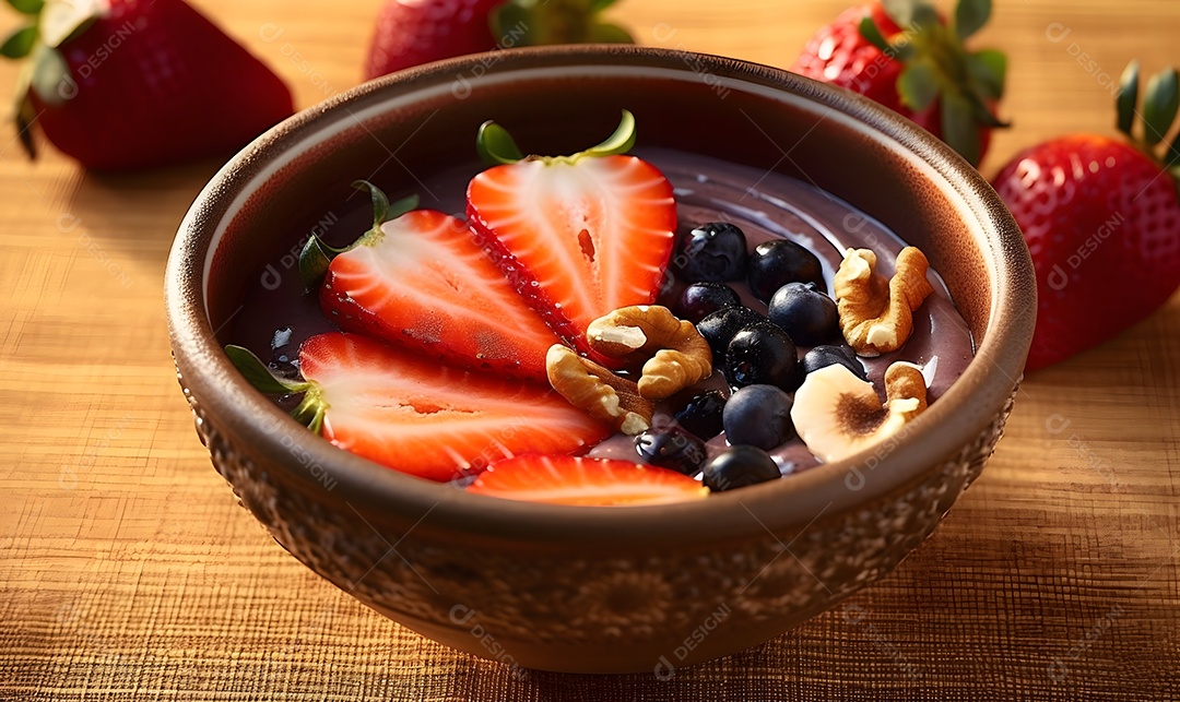 Tigela de açaí sobre fundo desfocado