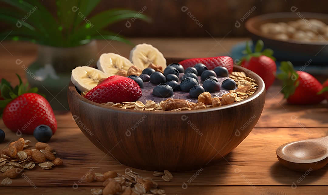 Tigela de açaí sobre uma mesa madeira