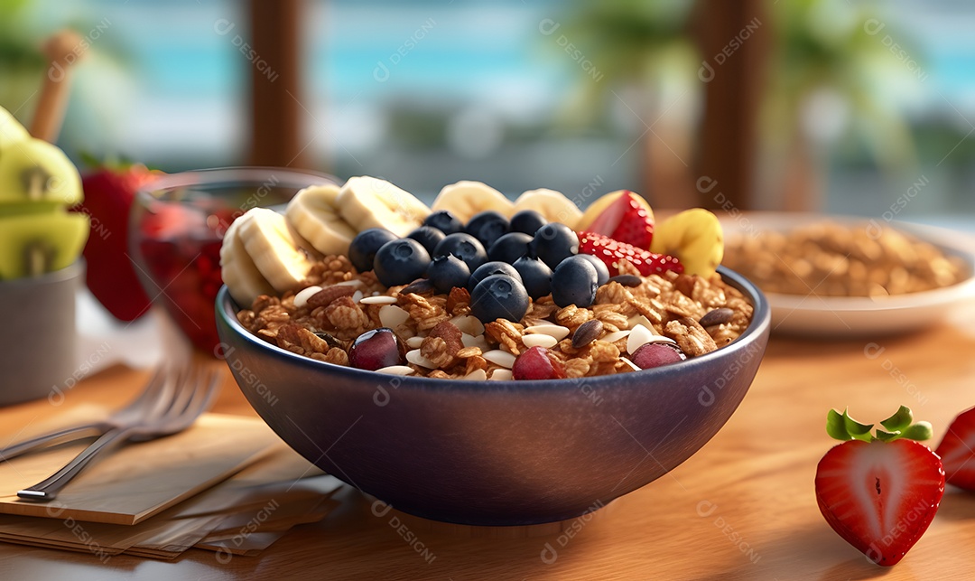 Tigela de açaí sobre uma mesa madeira