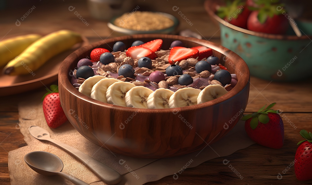 Tigela de açaí sobre uma mesa madeira