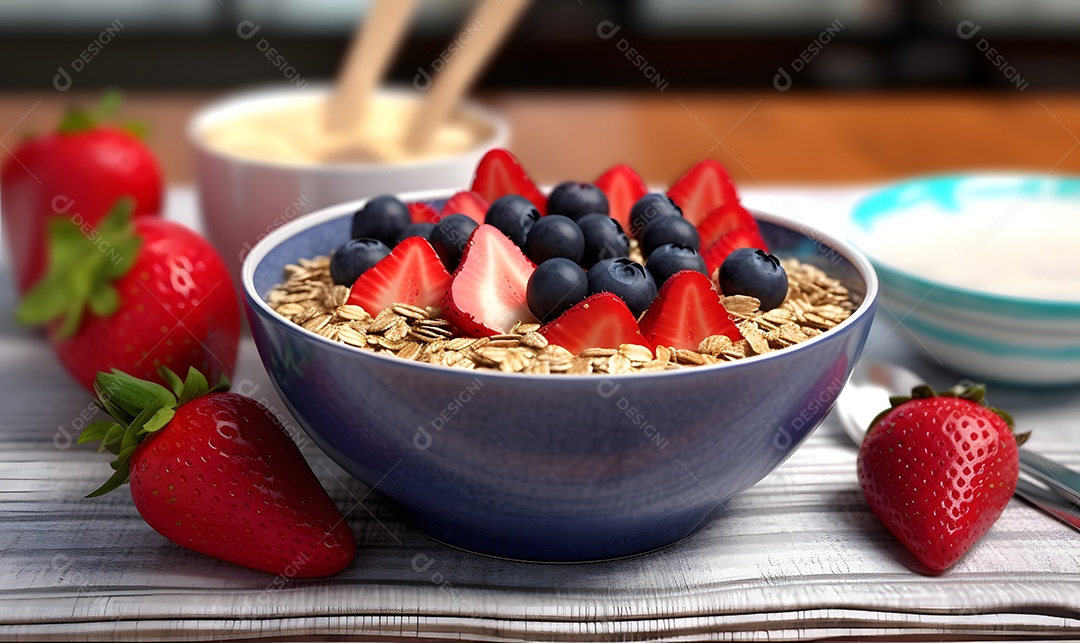 Tigela de açaí sobre uma mesa madeira