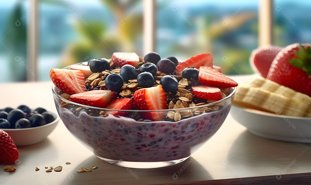 Tigela de açaí sobre uma mesa madeira