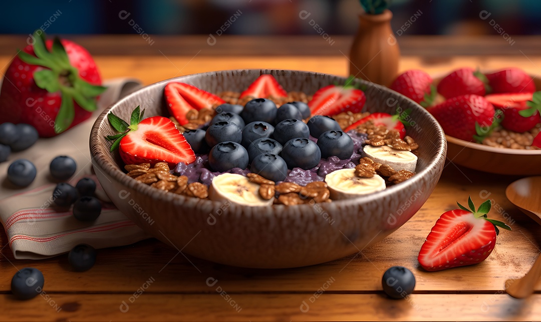 Tigela de açaí sobre uma mesa madeira