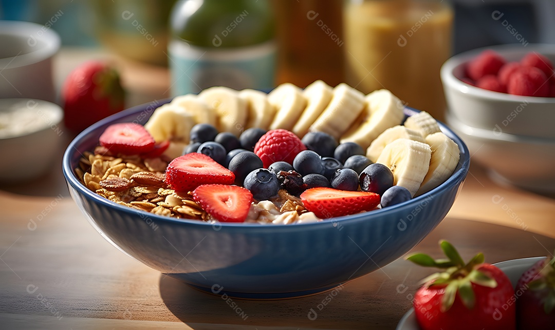 Tigela de açaí sobre uma mesa madeira