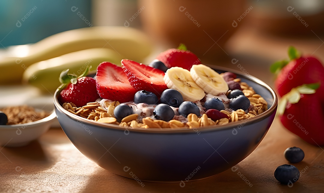 Tigela de açaí sobre uma mesa madeira