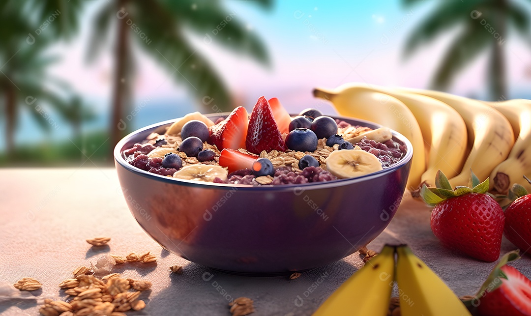 Tigela de açaí sobre uma mesa madeira