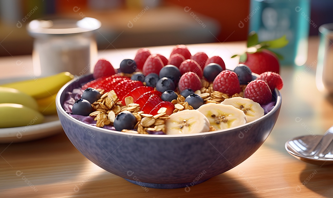 Tigela de açaí sobre uma mesa madeira