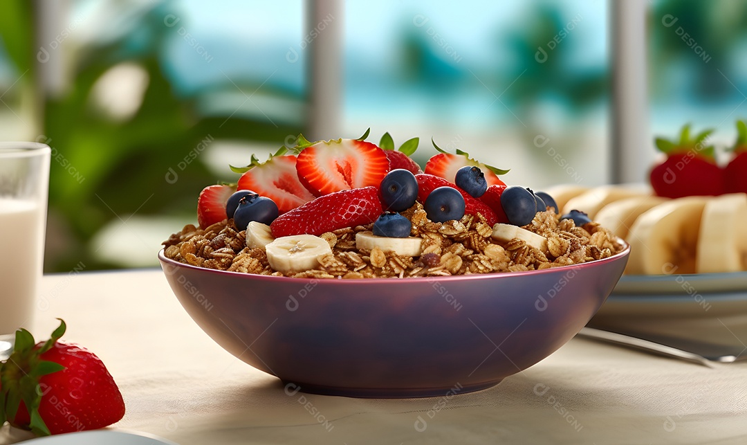 Tigela de açaí sobre uma mesa madeira