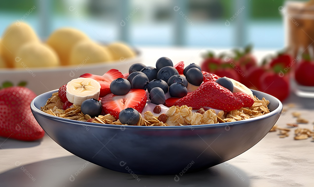 Tigela de açaí sobre uma mesa madeira