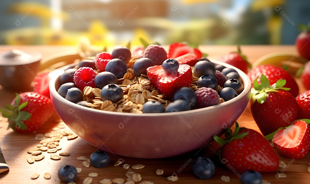 Tigela de açaí sobre uma mesa madeira