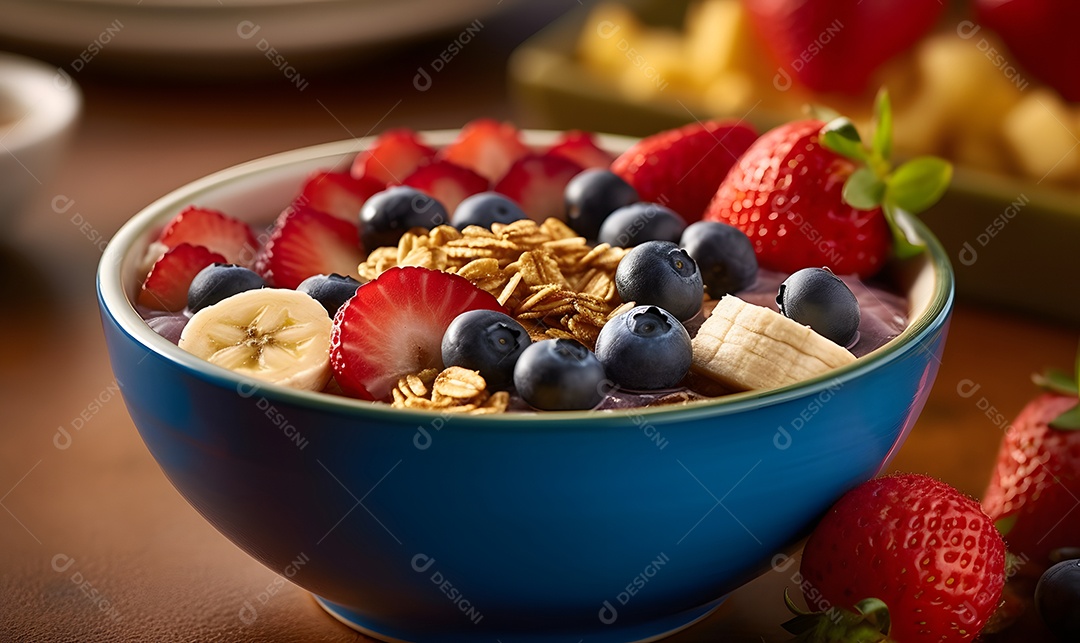 Tigela de açaí sobre mesa madeira