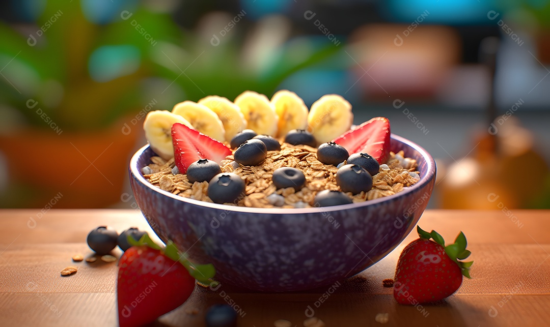 Tigela de açaí sobre mesa madeira