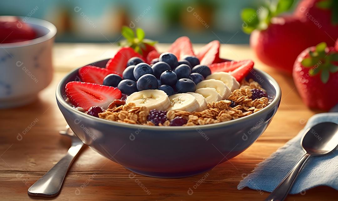 Tigela de açaí sobre mesa madeira