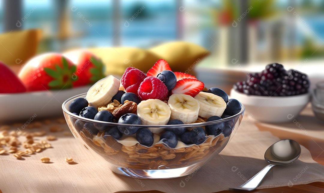 Deliciosa e saboroso Tigela de açaí sobre uma mesa de açaíteria