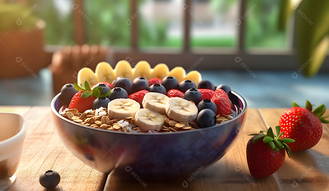 Deliciosa e saboroso Tigela de açaí sobre uma mesa de açaíteria