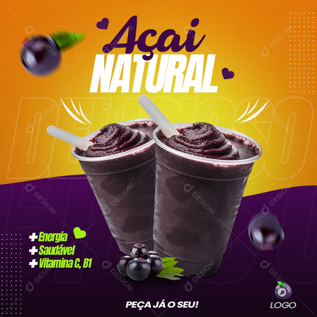 Social Media Açaí Natural Fundo Amarelo PSD Editavel