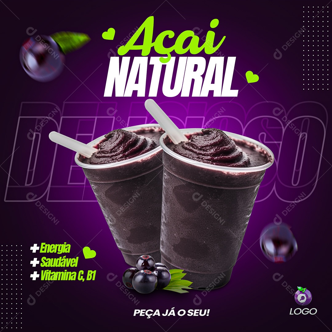 Social Media Açaí Natural Fundo Roxo PSD Editavel