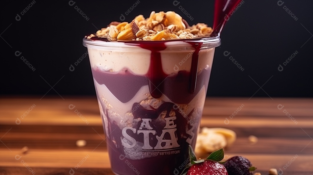 Deliciosa e saboroso copo de açaí sobre uma mesa de madeira