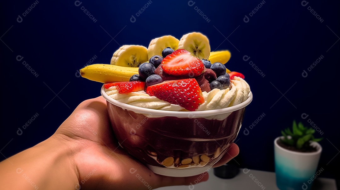 Mãos de pessoa segurando copo de açaí sobre uma sorveteria