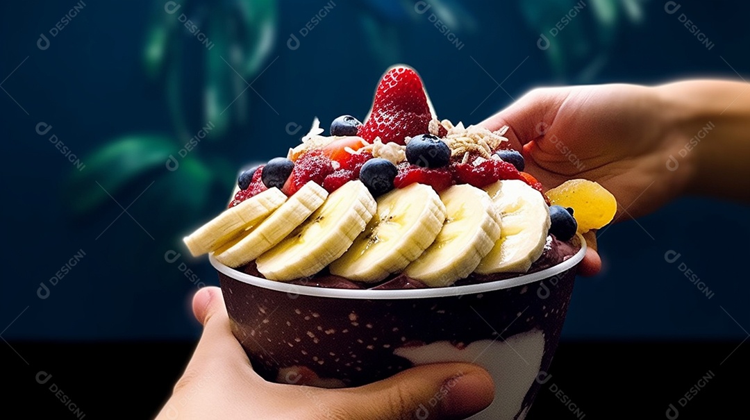 Mãos de pessoa segurando copo de açaí sobre uma sorveteria