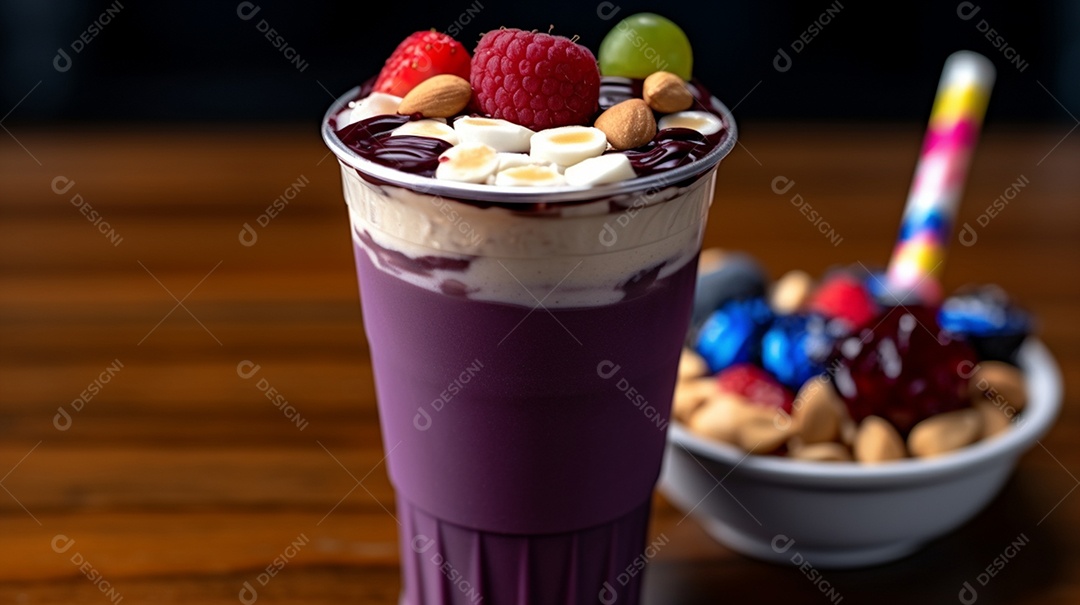 Delicioso e saboroso copo de açaí sobre uma mesa de açaíteria