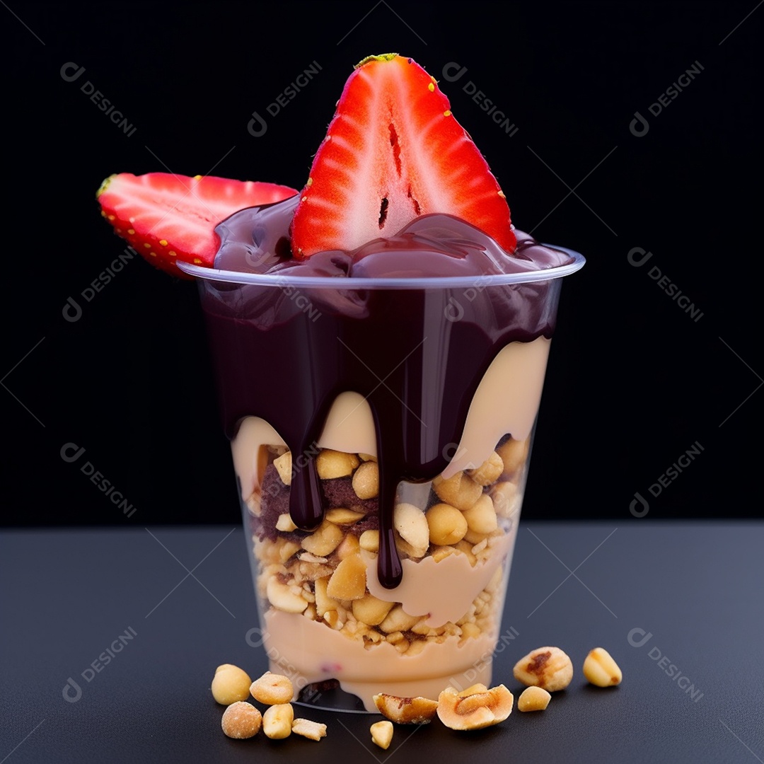 Delicioso e saboroso copo de açaí sobre uma mesa de açaíteria