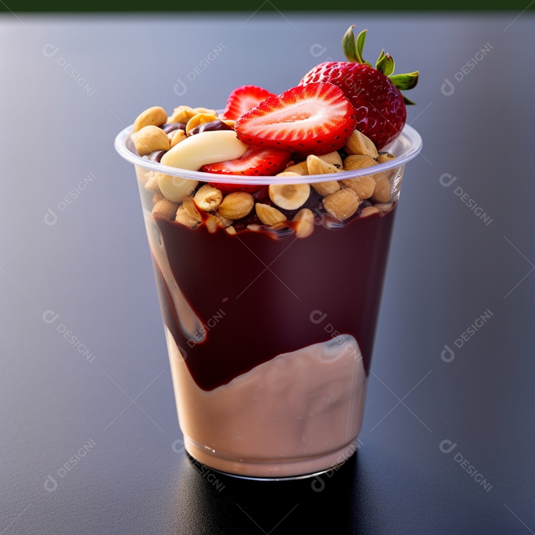 Delicioso e saboroso copo de açaí sobre uma mesa de açaíteria